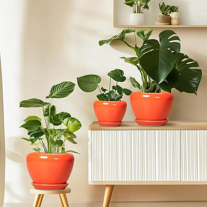 Ceramic Pot for Plants - 10 Inch Plant Pot with Drainage Hole and Saucer, Modern Round Glaze Planter for Indoor Outdoor Plants, Plant Lover Gifts, Home Garden Office Decor, Orange