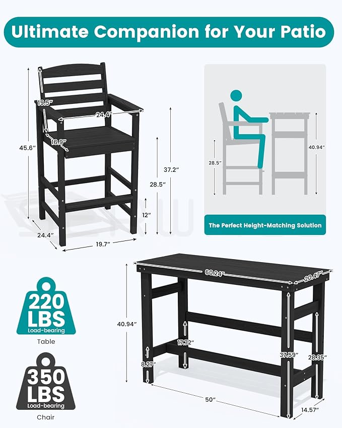 SERWALL Outdoor Bar Table and Chairs Set, Adirondack Bar Chairs Set of 2 and Bar Height Table, All Weather HDPE Patio Bar Set, Outdoor Furniture for Outside, Black