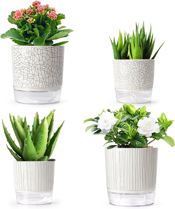 Self Watering Pots for Indoor Plants, 5 & 4 Inch Stylish Flower Pots, Set of 4 Modern Planters with Self-Watering Feature (Mixed Colors)