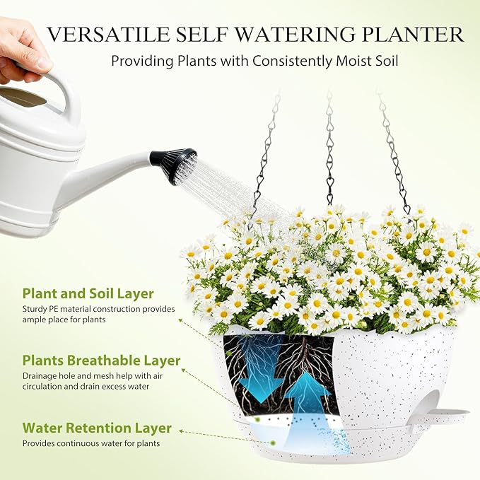 10 Inch Hanging Baskets 2 PC with Chains, Self-Watering Hanging Planters for Indoor Outdoor Plants, Plastic Hanging Flower Pots,Speckled White