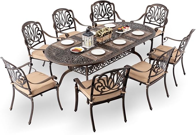 9-Piece Cast Aluminum Patio Furniture, Outdoor Dining Sets for 8 Include 87" Oval Patio Dining Table and 8 Stackable Chairs with Cushions & Umbrella Hole (Bronze)