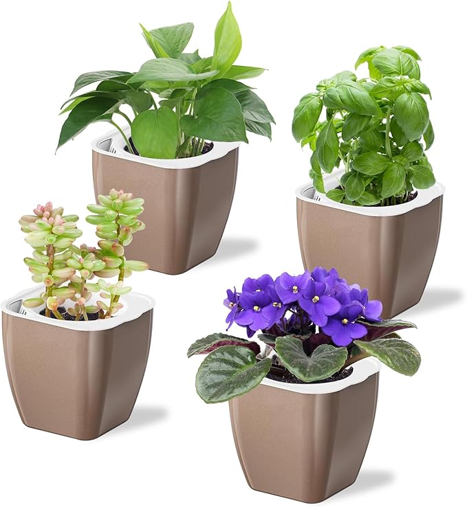 4 Pack Self Watering Pots 4-inch Decorative Flower Planters for Indoor Plants Modern Square planters for Small Plants Window Sill Planters for Succulents, African Violets, Herbs(Sliver Gold)