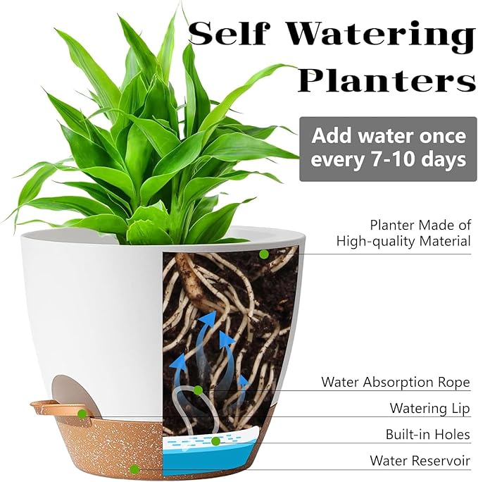 5-Pack Plant Pots with Drainage for Winter Care 7/6.5/6/5.5/5 Inch, Self Watering Pots for Indoor Plants, Planters for Indoor Outdoor Plants, Plastic Flower Pot, Planter for Indoor Outdoor (White)