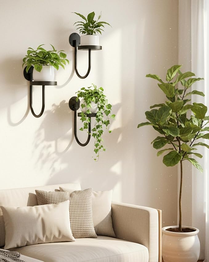 Wall Plant Holder – Hanging Planters for Indoor, Window Planter Shelves & Hanger, Indoor Wall Planters, Modern Plant Decor, Black (3 Pack)