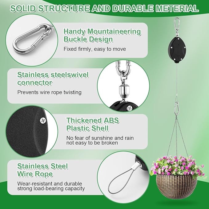 1 Pack Heavy Duty Retractable Plant Hangers, Adjustable Pull-Down Pulleys with 63" Stainless Steel Rope, Double Hooks for Hanging Plants, Bird Feeders, Planters & Pots, Indoor & Outdoor Use
