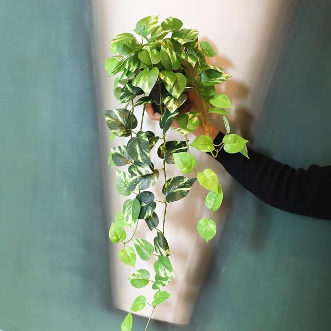 Fake Pothos Hanging Plants - 33" Set of 2 Artificial Silk Ivy Vines with Pots, Realistic Faux Greenery for Indoor Home Office Bathroom Decor, Low Maintenance Hanging Plant Decoration - Golden Green