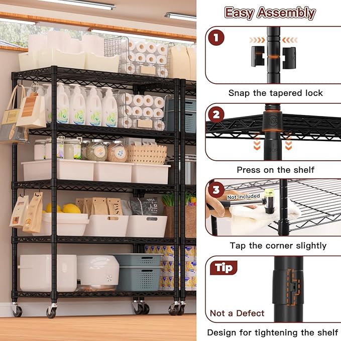 Xcity Storage Shelves, 5 Tier Heavy Duty Metal Shelving Unit with Wheels, 2000 LBS Capacity Adjustable Steel Wire Shelf Organizer for Pantry, Kitchen, Garage, 18" D x 36" W x 72" H, Black