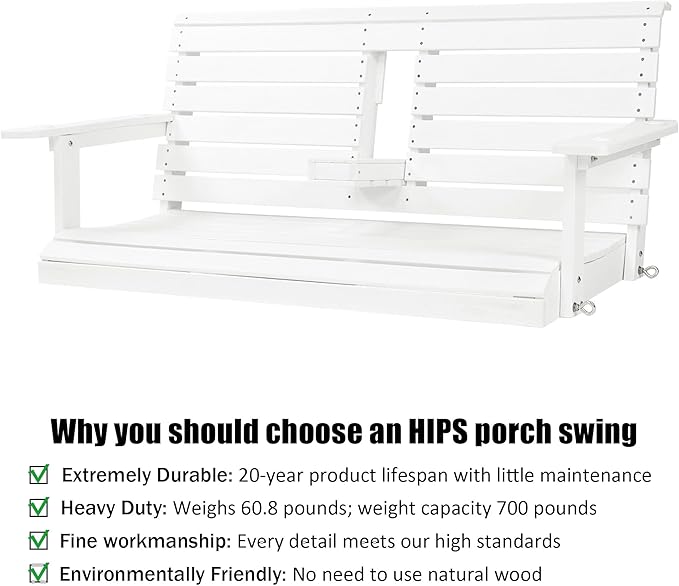 Poly Lumber 2-Seat Porch Swing, HIPS 4.5-Feet Bench Swing with Foldable Cup Holders,18/8 Stainless Steel Hardware, High Backrest and Deep Contoured Seat (Snow White, 4.5-feet)