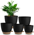 Plant Pots 8/7.5/7/6.5/6 Inch Self Watering Pots,5 Pack Planters with Drainage Holes and Saucers,Plastic Flower Pots,Nursery Planters for Indoor Outdoor Plants (Black)