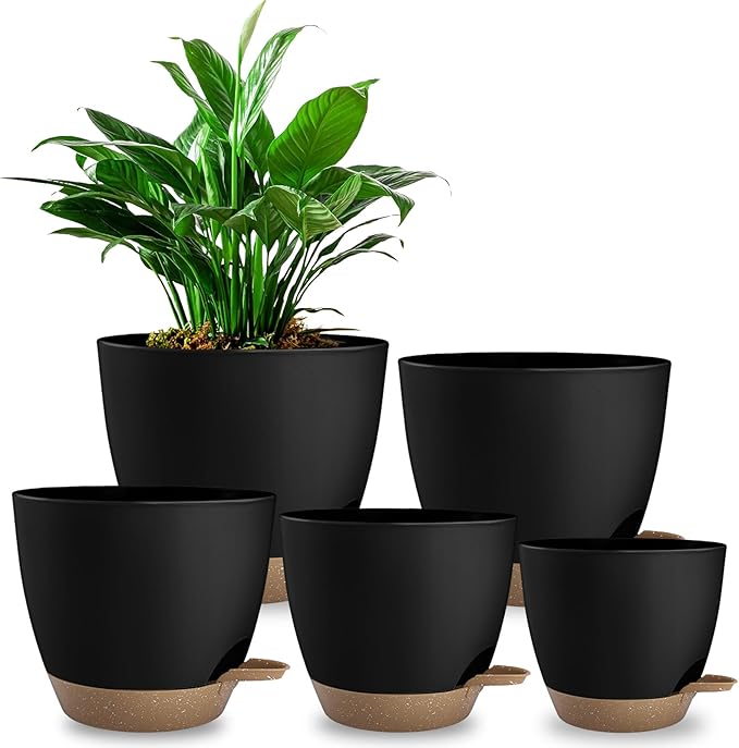 Plant Pots 8/7.5/7/6.5/6 Inch Self Watering Pots,5 Pack Planters with Drainage Holes and Saucers,Plastic Flower Pots,Nursery Planters for Indoor Outdoor Plants (Black)