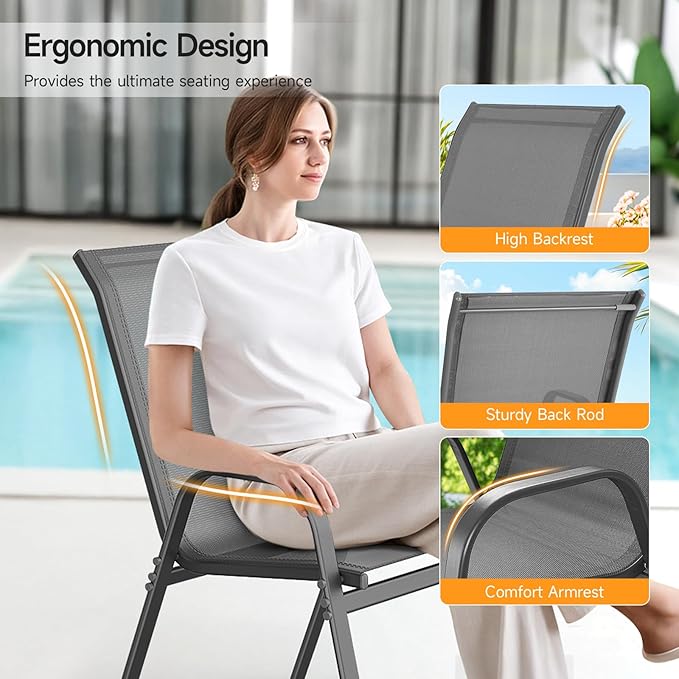 ONBRILL Patio Chairs set of 4, Easy Assembly Stackable Outdoor Dining Chairs with Wide Seat and Sturdy Metal Frame, Breathable All Weather Textilene Outdoor Chairs Set of 4 for Deck, Pool, Porch, Grey