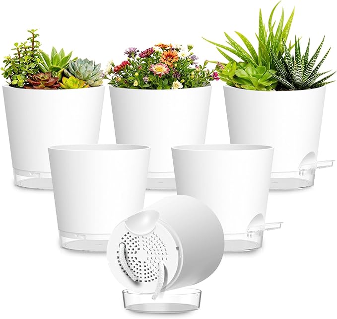 Plant Pots 6 Inch Self Watering Pots,6 Pack Plastic Planters with Drainage Holes and Clear Saucers,Plastic Flower Pots,Nursery Planting Pot for Indoor Out Door Plants (White)