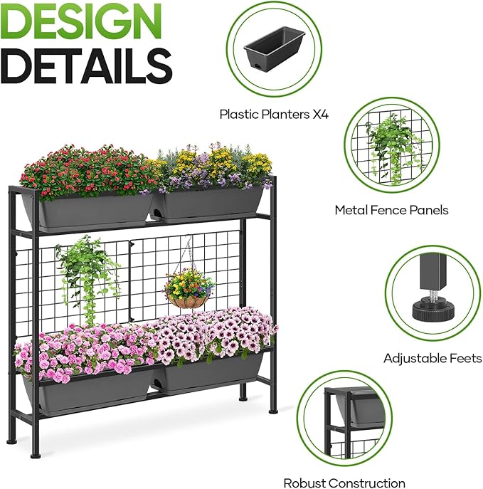 CADUKE Raised Planter Box, Plastic Raised Garden Bed with Legs, Standing Planter Box with Drainage Holes & Trellis, 32" Elevated Flower Beds Outdoor & Indoor for Vegetables, Balcony, Patio, Grey