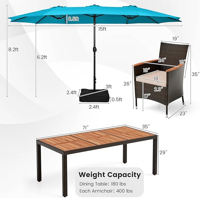 Tangkula 11 Pieces Rattan Outdoor Dining Set with 15Ft Solar Patio Umbrella for 8, Outdoor Wicker Table Set with 8 Cushioned Chairs, Acacia Wood Top, Outdoor Umbrella with Base Included