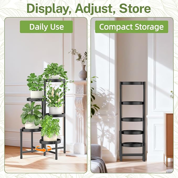 iDavosic.ly Plant Stand Indoor Outdoor, 5 Tier Corner Metal Flower Display Holder Shelf, Easy Assembly Folding Tall Orchid Rack for Patio Balcony Porch Garden Living Room House, Black