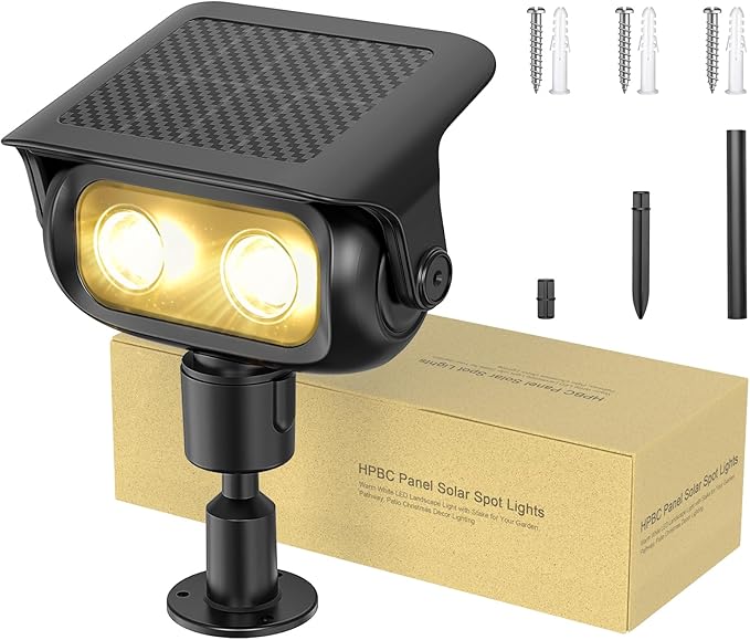 Solar Landscape Spotlights Outdoor Waterproof IP67, Warm White LED Spot Lights for Tree Flag Garden, Adjustable Solar Uplights Auto On Off with 2 Brightness Mode