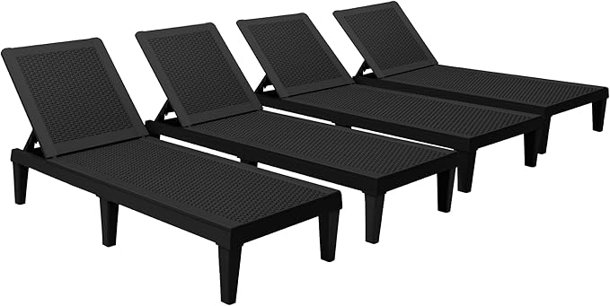Devoko Outdoor Chaise Lounge Chair Set of 4 for Outside Pool Patio, Adjustable Waterproof Easy Assembly Chaise Lounge Outdoor (Black, Set of 4)
