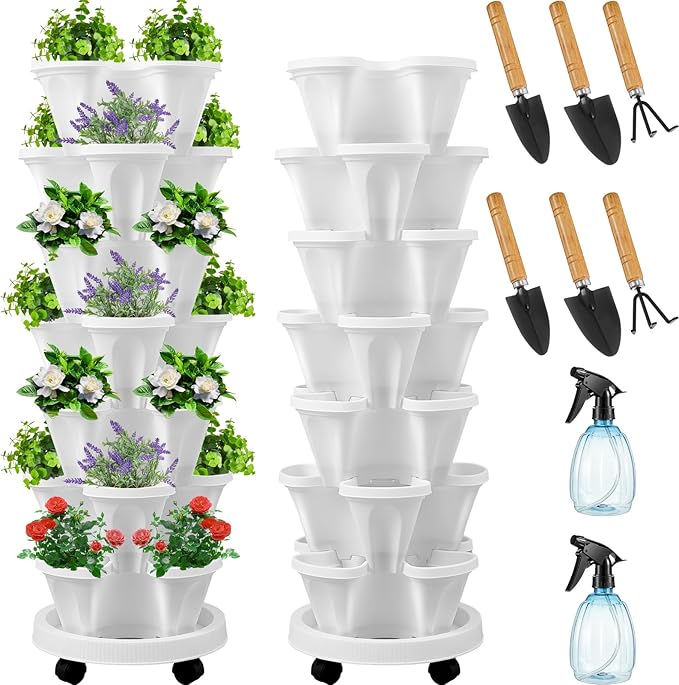 Umigy 2 Set of 7 Tier Vertical Planter Stackable Tower Planters Strawberry Herb Flower and Vegetable Pots Indoor Outdoor Gardening Pots with Removable Wheels and Tools(White,Classic)