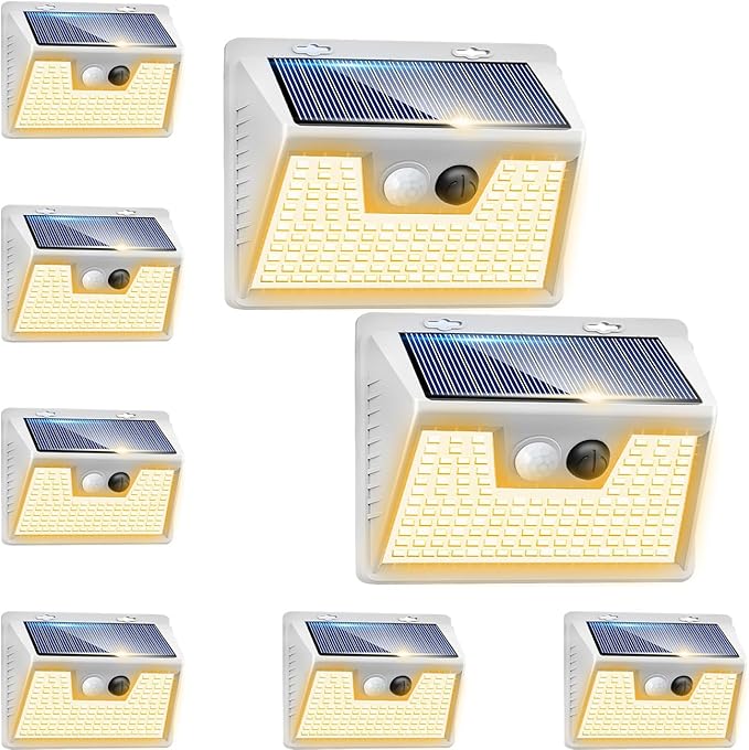 Peasur Solar Lights Outdoor Motion Sensor Waterproof, 8Pack 140LED White Solar Powered Fence Lights, 3 Modes Security Wall Lights for Garden Yard Outside Warm