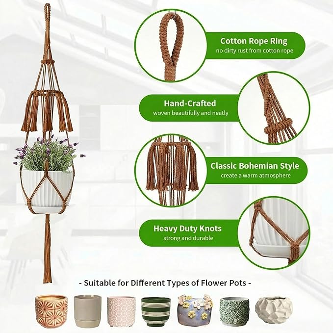 Macrame Plant Hangers, 5Pack Hanging Planters for Indoor Plants w/ 5 Set Hooks Handmade Cotton Rope Hanging Plant Holders Plant Hanger Indoor for Boho Home Decor (Planter Pot Not Included)