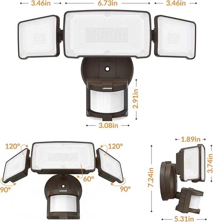 LEPOWER LED Security Light Motion Sensor Light Outdoor, 38W 4200LM Motion Security Light, 5500K, IP65 Waterproof, 3 Head Motion Detected Flood Light for Garage, Yard, Porch (Brown)