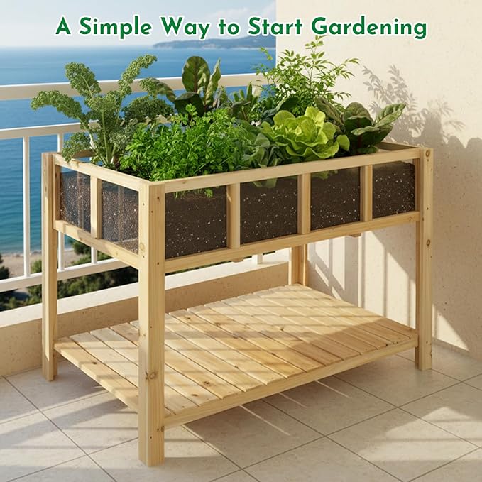 Raised Garden Bed with Transparent Acrylic Panels, Elevated Wooden Raised Garden Bed Planter, Fir Wood Outdoor Planter Box for Herbs, Flowers & Patio Balcony Gardening (Natural)