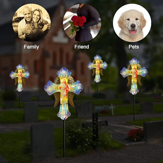 Solar Jesus Cross for Gemetery Graver,Golden Angel Wings,Grave Decorations for Cemetery,Sympathy Memorial Gifts,Christmas Yard Decor Outdoor