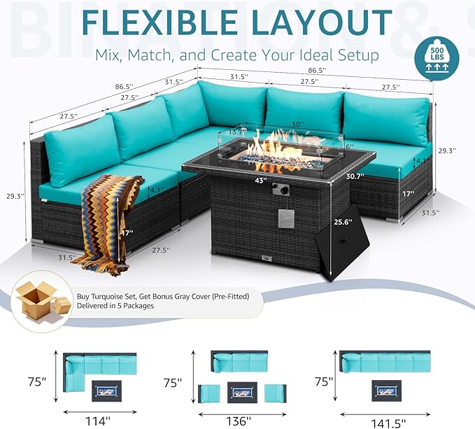 NICESOUL 6 Piece L Shaped Patio Furniture Set with Fire Pit Natural Gas/Propane, 29.3'' High Back Comfy Outdoor Conversations for Outside, Big Size Deep Wide Couches, 2 Color Cushion Turquoise & Grey