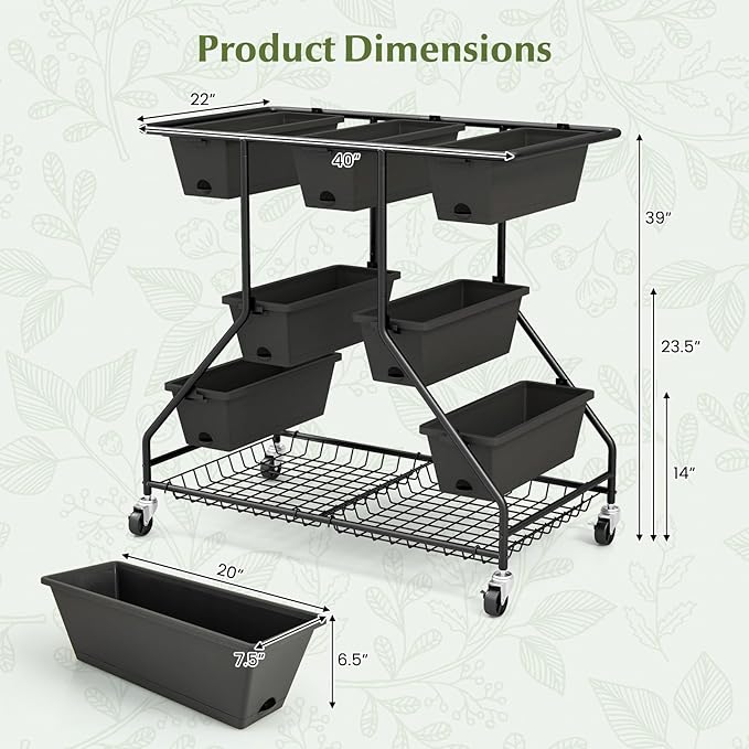 Giantex Rolling Raised Garden Bed w/ 7 Planter Boxes, Storage Baskets, Drainage Holes, 4 Lockable Casters, 3-Tier Freestanding Elevated Planter for Strawberry Vegetable Flower Herb