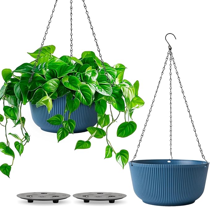 T4U 10 Inch Hanging Planters for Indoor Outdoor Plants, Hanging Baskets for Plants Pack of 2, Self Watering Hanging Pots with Drainage Hole for Garden Home Decor, Blue