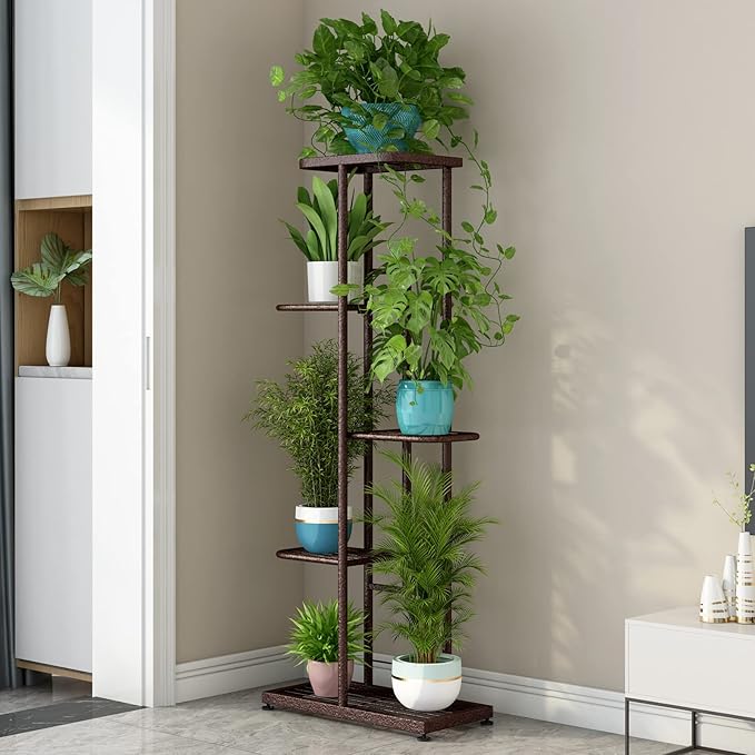 LINZINAR Plant Stand Metal 5 Tier 6 Potted Multiple Flower Pot Holder Shelf Indoor Outdoor Planter Display Shelving Unit for Patio Garden Corner Balcony Living Room (5 Tier 6 Potted, Bronze)