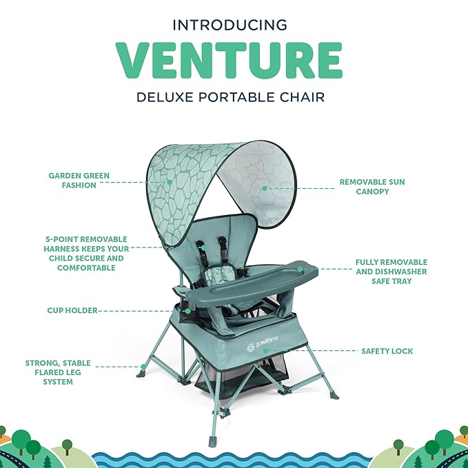 Baby Delight Go with Me Venture Portable Chair | Indoor and Outdoor | Sun Canopy | 3 Child Growth Stages | Garden Green