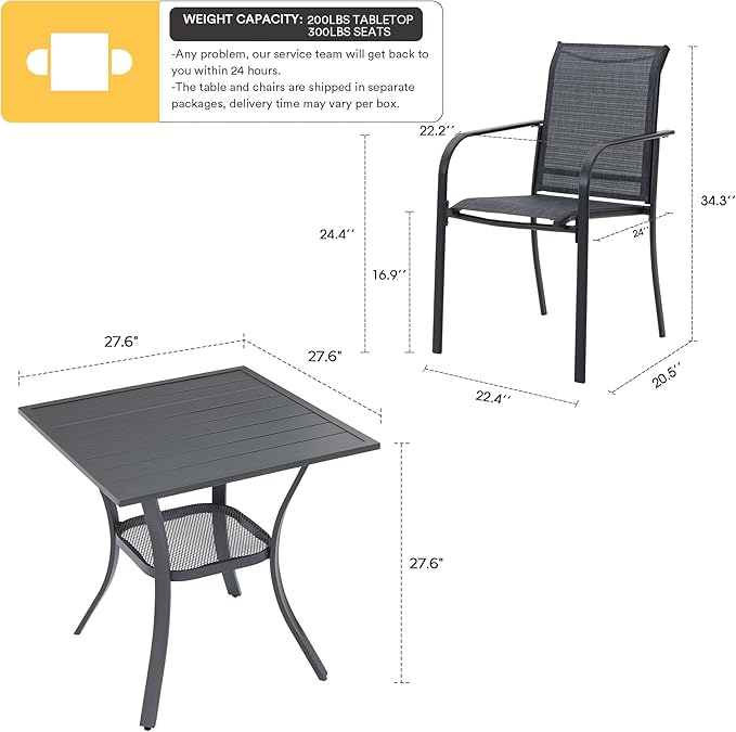 VICLLAX Patio Set for 2, Outdoor Dining Set Includes 28" Small Outdoor Table and 2 Stackable Sling Chairs, Grey Tabletop and Grey Fabric