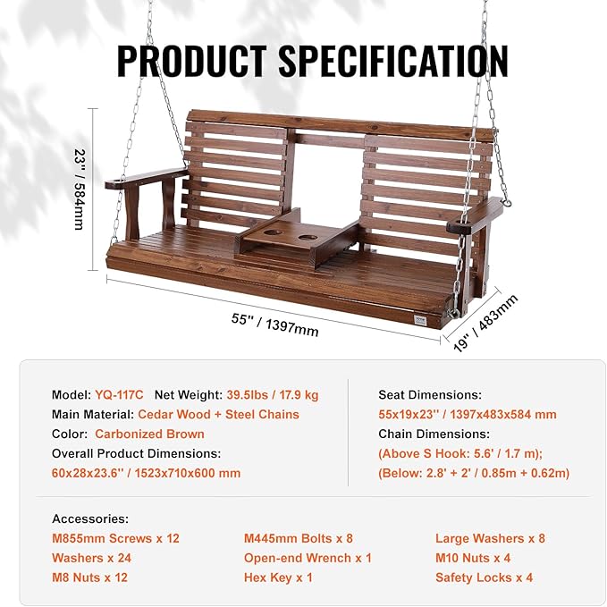 VEVOR Wooden Porch Swing 5 ft, Patio Bench Swing for Courtyard & Garden, Upgraded 880 lbs Strong Load Capacity, Heavy Duty Swing Chair Bench with Hanging Chains for Outdoors, Brown