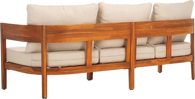 SAFAVIEH Outdoor Collection Theo Natural Teak Solid Wood/Taupe Cushion 3-Seater Sofa