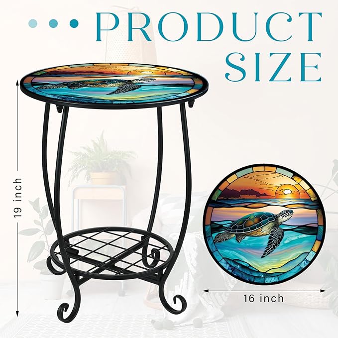 Outdoor Side Table Round Small Mosaic Patio Accent Indoor End Plant Coffee Tea Table for Yard Patio Porch Garden Living Room, Bedroom(Turtle Style,16 Inch)