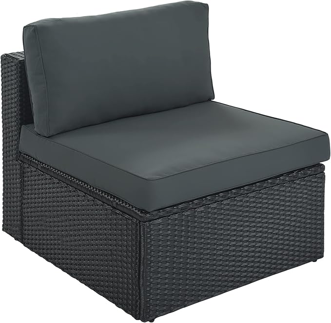 Merax 7-Piece Outdoor Wicker Sectional Sofa Set,Modular Rattan Conversation Set with Gray Cushions,Striped Green Pillows & Tempered Glass Coffee Table for Patio,Garden,Deck,Black