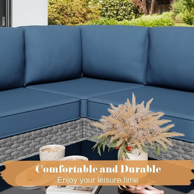 JAMFLY Patio Furniture Sets, 6-Piece Outdoor Patio Furniture with 43'' Propane Gas Fire Pit Table, Wicker Outdoor Conversation Set Sectional Sofa for Backyard, Poolside, Garden(Blue Cushion)
