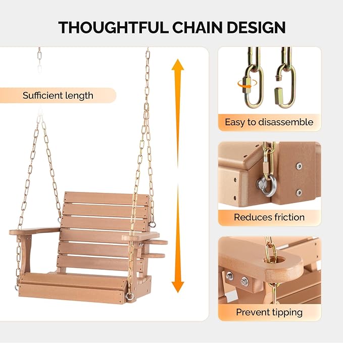 VINGLI Heavy Duty 880 LBS HDPE Porch Swing Outdoor with Rotatable Cup Holder, with Adjustable Chains, 1 Person Hanging Porch Swing Chair for Porch, Yard, Tree, Garden - Teak