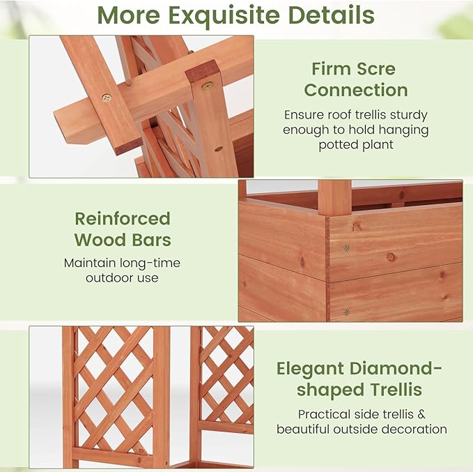Giantex Set of 2 Raised Garden Bed with 2-Sided Trellis & Hanging Roof, Fir Wood Planter Box w/Drainage Holes, Freestanding Garden Planter for Flowers Herbs Climbing Vines (43"x15"x45")