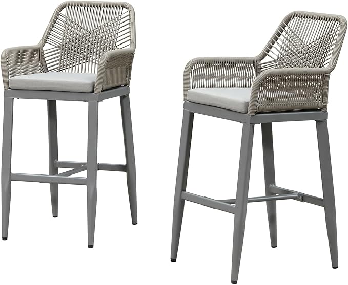 PURPLE LEAF Outdoor 29" Wicker Bar Stools Set of 2, Boho Patio Bar Height Chair with Cushion and Back for Outdoor and Indoor, Garden, Patio, Light Grey