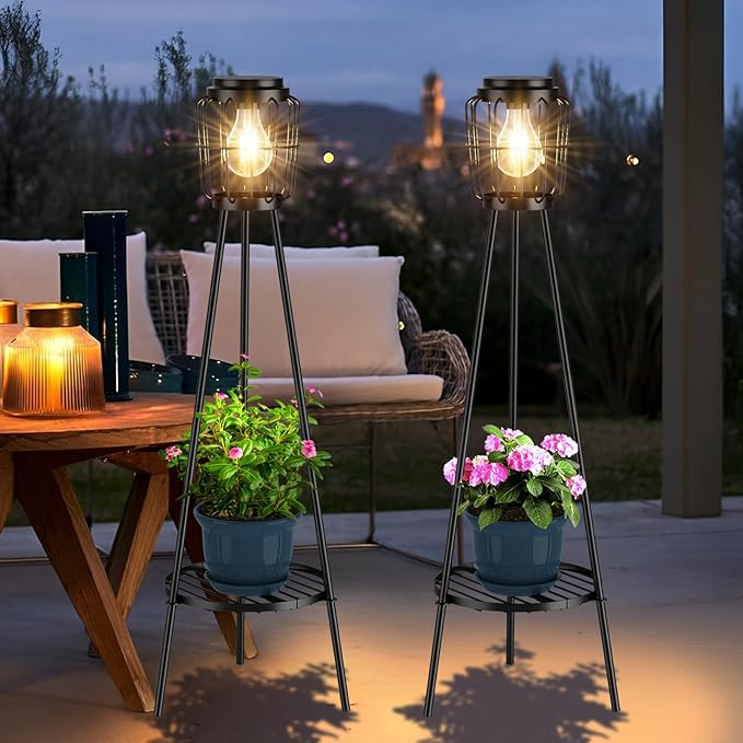 2 Pack Solar Lights with Plant Stand, Outdoor Floor Lamp, Waterproof Solar LED Edison Bulb Floor Lamps for Patio Porch Deck Yard Garden Decor