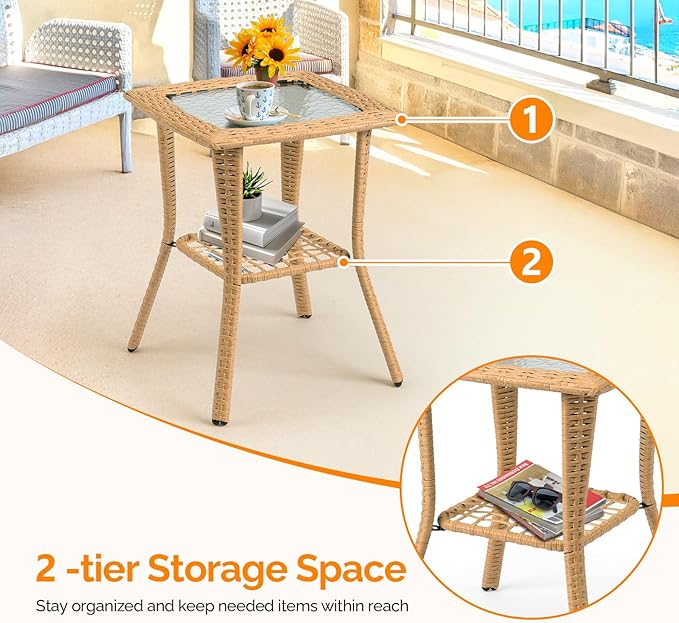 VINGLI Outdoor Side Table with Storage Wicker Patio Side Table, Tempered Glass Top End Table for Balcony Porch Deck (Beige)