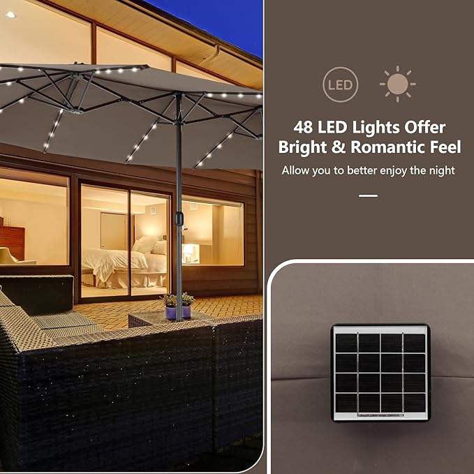 Tangkula 11 Pieces Rattan Outdoor Dining Set with 15Ft Solar Patio Umbrella for 8, Outdoor Wicker Table Set with 8 Cushioned Chairs, Acacia Wood Top, Outdoor Umbrella with Base Included