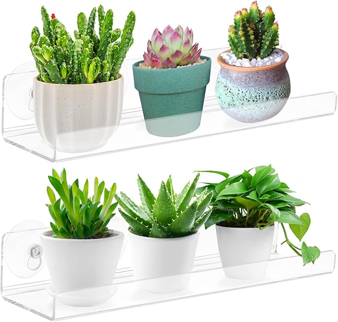 2-Pack 15 Inch Acrylic Window Boxes Plant Shelves, with Suction Cup Window Sill Extender, for Indoor/Outdoor Succulents, Micro Greens, Seed Starter Pots, Herb Planters