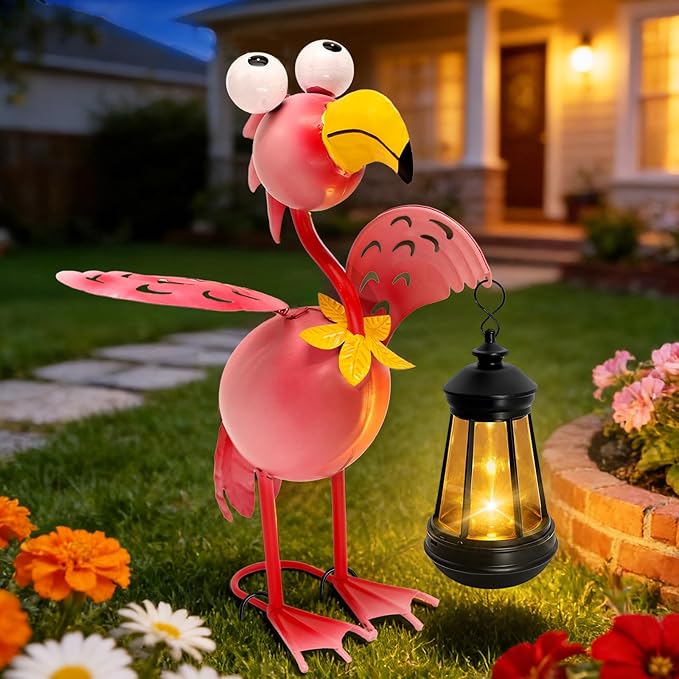 Solar Flamingo Statue with Lights,13in Tall Solar Flamingo Garden Sculptures, Birthday Gift for Woman Grandma Big Metal Decorative for Outdoor Patio Porch Ornaments Lawn Yard Balcony