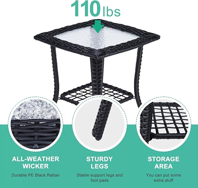 VINGLI Outdoor Side Table with Storage Wicker Patio Side Table, Tempered Glass Top End Table for Balcony Porch Deck (Black)