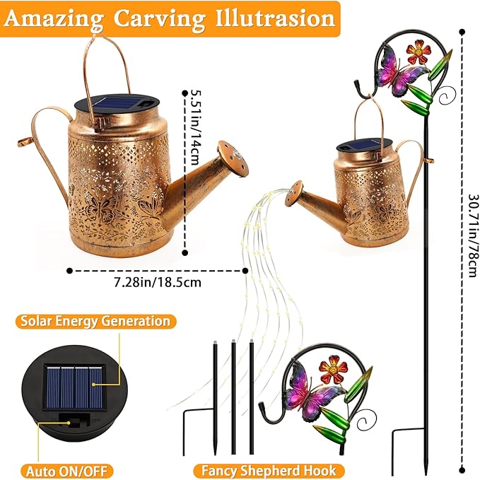 Solar Powered Butterfly Watering Can Lights Waterproof Outdoor Garden Decor with Shepherd Hook Hanging Patio Lights for Yard, Porch, Backyard Perfect Gardening & Christmas Gift for Women, Mom, Grandma