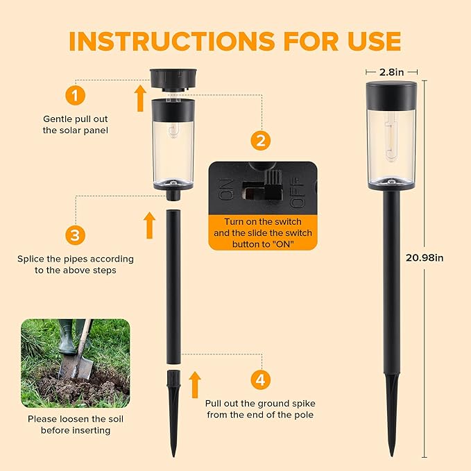 UME 8 Pack Solar Pathway Lights Outdoor, Bright Solar Garden Lights with Metal Design–IP65 Waterproof, Auto On/Off, 3000K LED Landscape Lighting for Yard, Lawn, Walkway, Driveway, Patio Decor