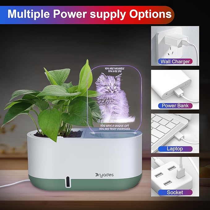 Self-Watering Plant Pot with LED Note Board & 7 Colors Pen Acrylic Message Board with Light Acrylic Dry Erase Board, Led Cat Board Night Light with Planting Pot for Christmas(No Plant&Seed)